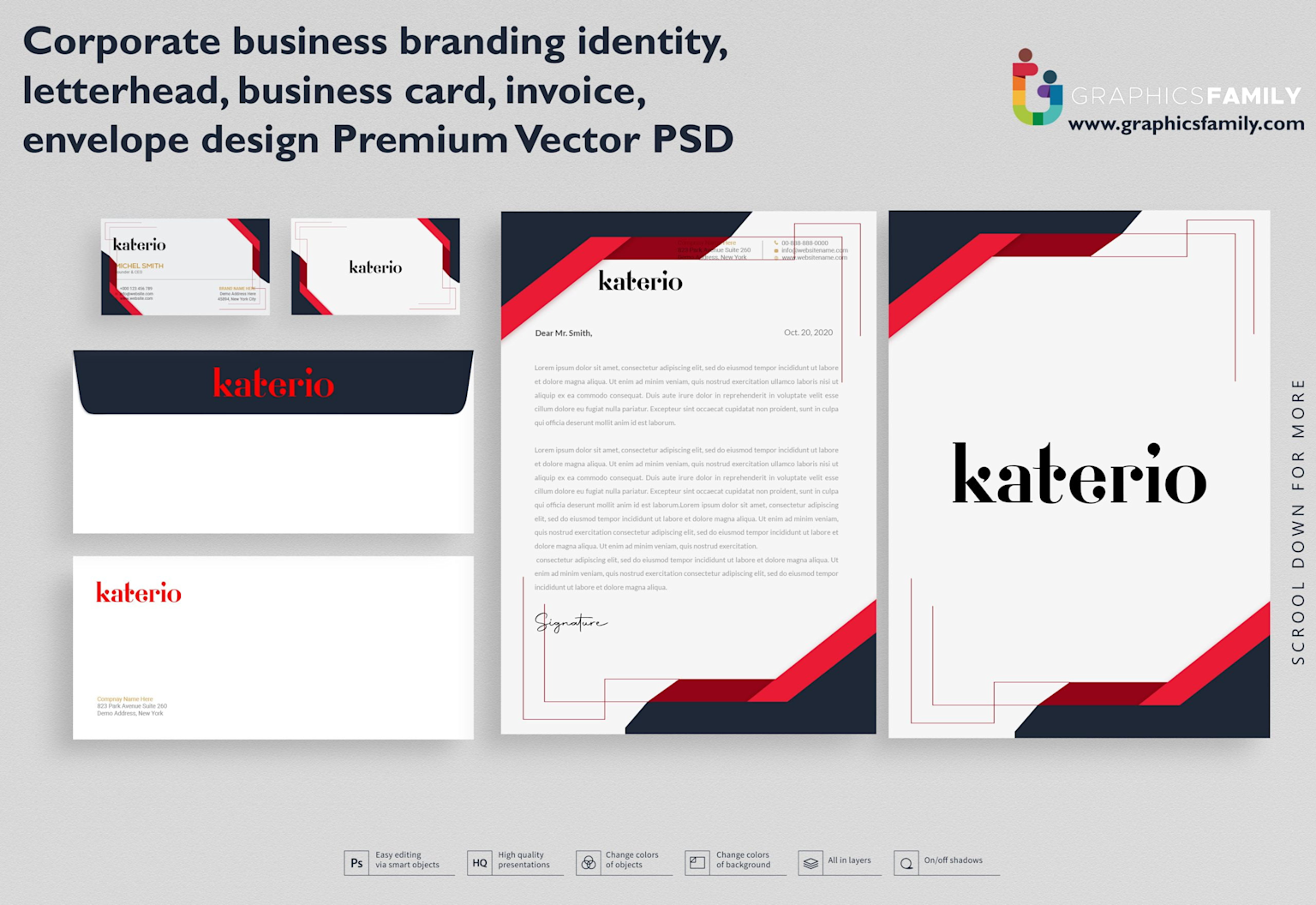 Corporate business branding identity set showing letterhead, business card, invoice, and envelope design with consistent logo and color scheme