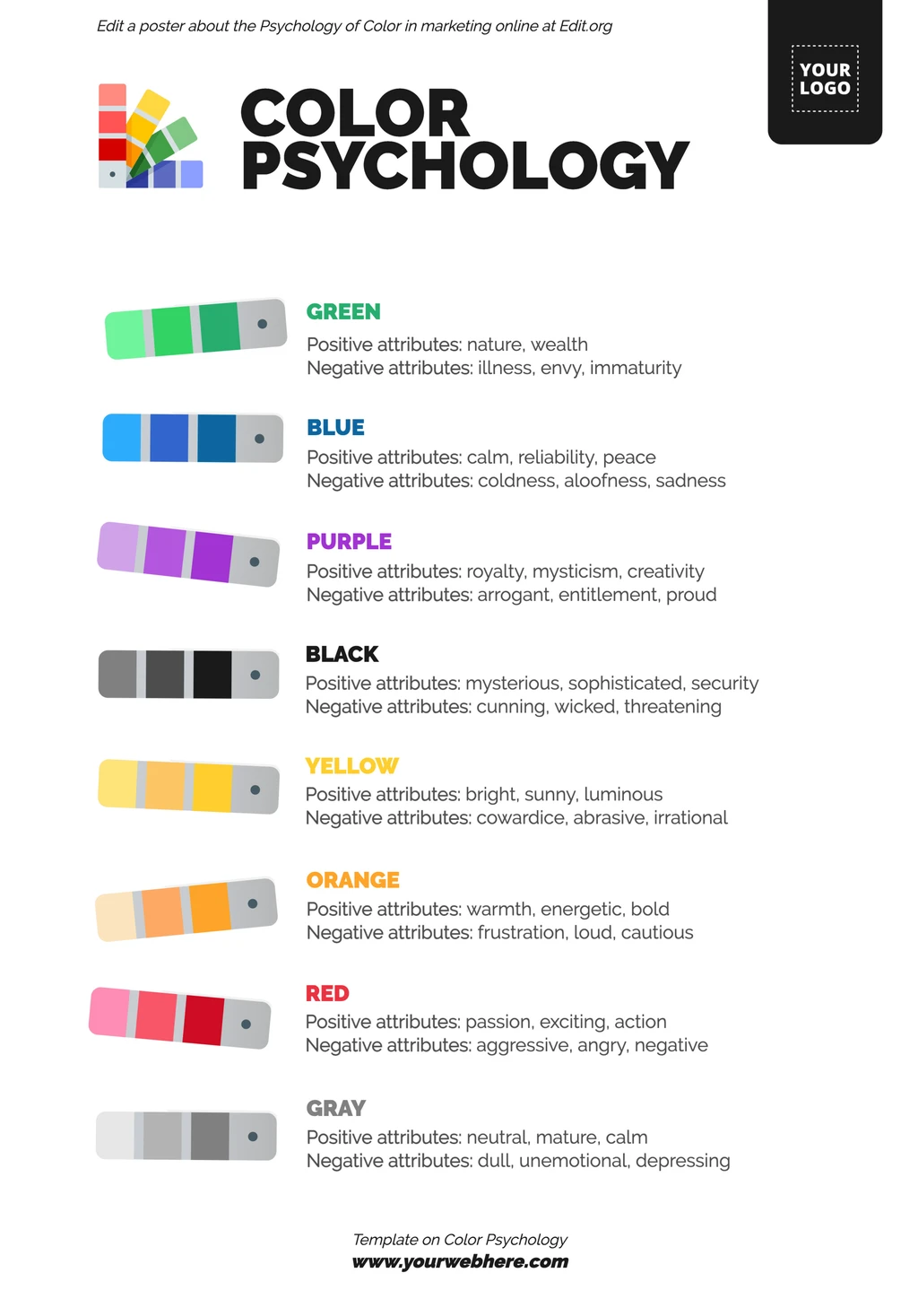 Color psychology infographic showing positive and negative emotional attributes of colors for marketing and business card design.