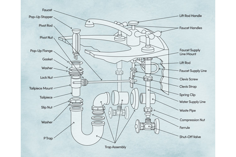 Detailed labeled diagram of bathroom sink plumbing installation showing components and connections under the sink