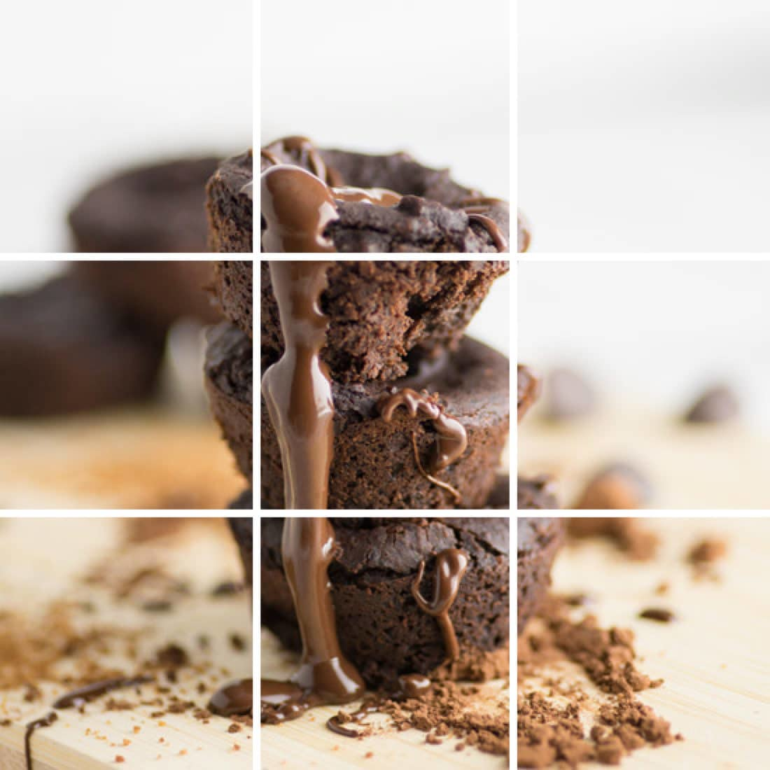 Stacked chocolate desserts positioned according to the rule of thirds grid for effective food photography composition.