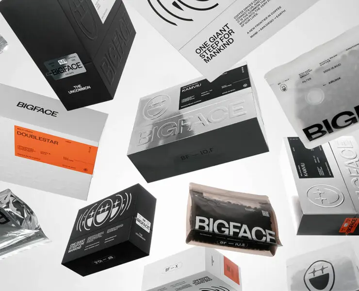 Various visually striking packaging designs for BIGFACE coffee products showcasing modern typography and minimalist aesthetics.