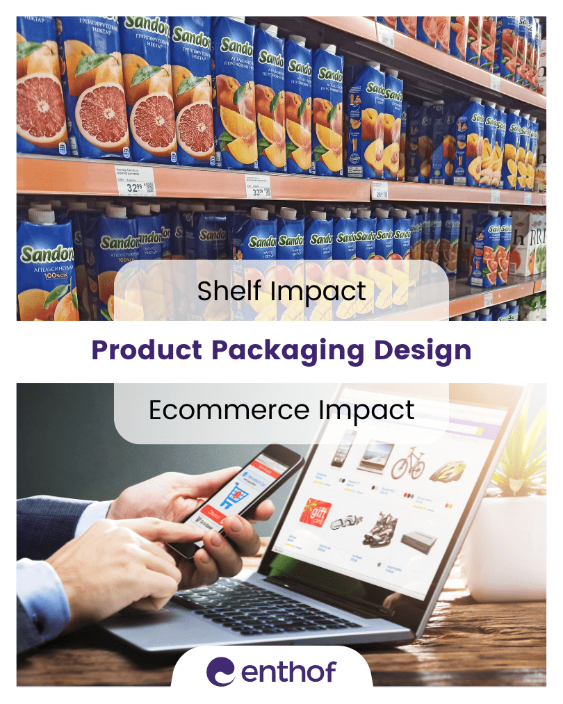 Visual comparison of product packaging impact on physical shelves versus ecommerce platforms.