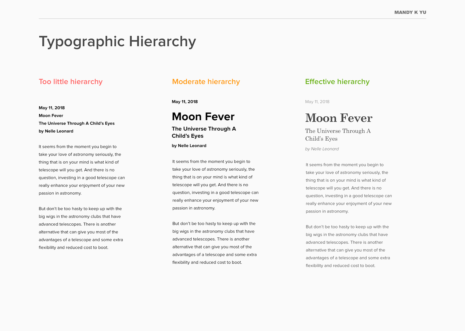 Comparison of typographic hierarchy showing too little, moderate, and effective organization of text for readability in booklet design.