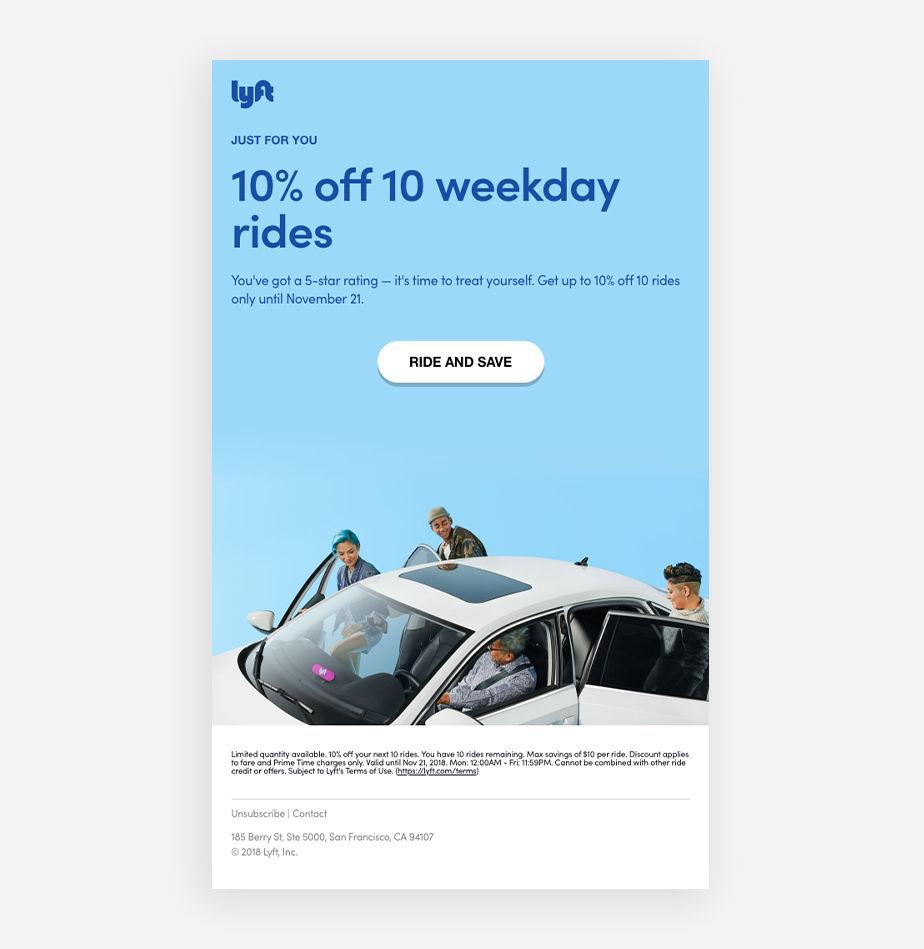 Lyft flyer example showing concise messaging with a prominent call-to-action button to attract attention and drive rideshare bookings.