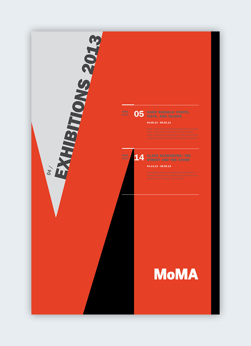 Flyer design demonstrating concise messaging and visual hierarchy using contrast and typography for MoMA exhibitions.