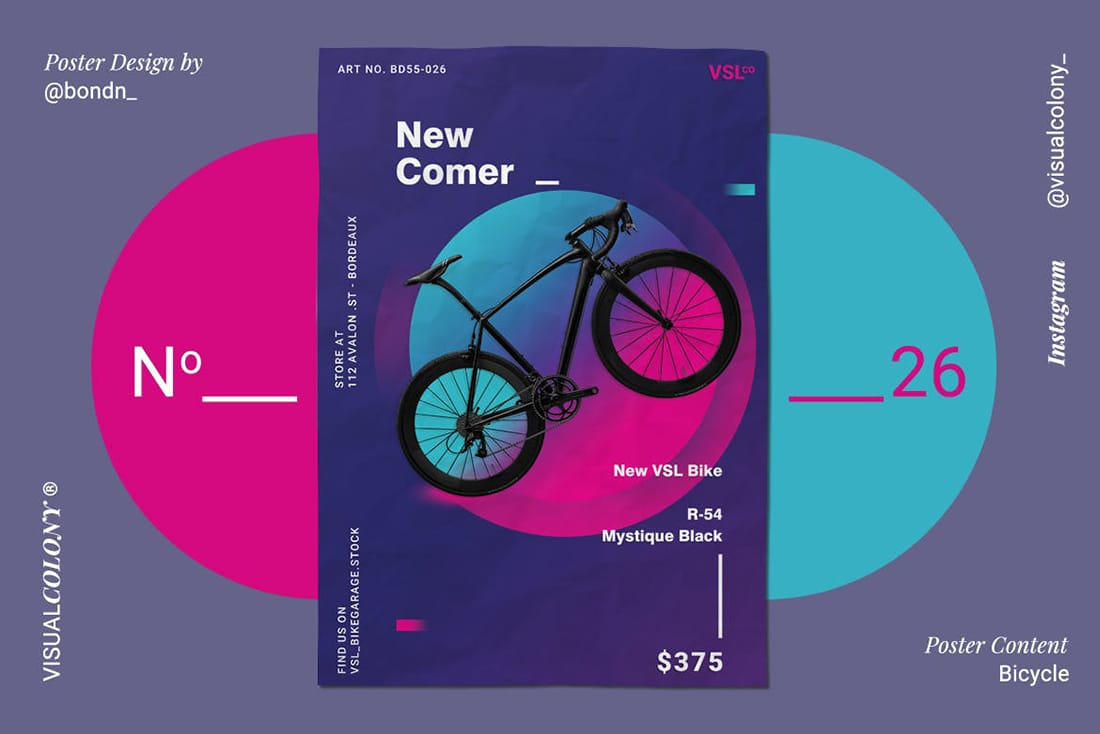 A modern bicycle poster design using vivid color contrasts and balanced layout to create an eye-catching visual.