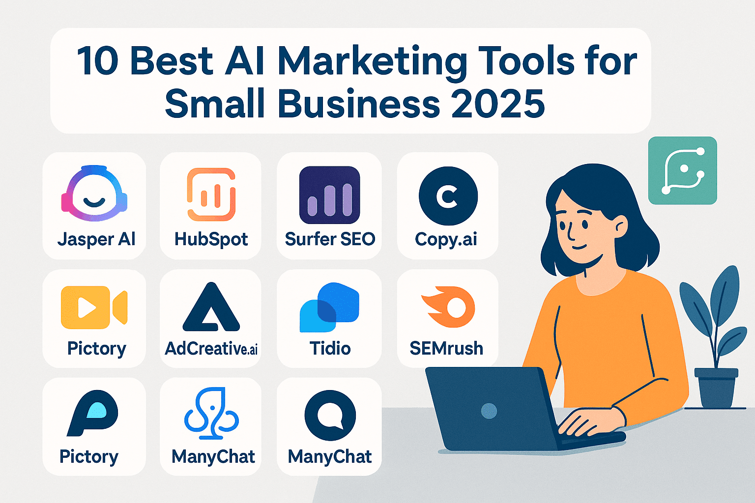 Top 10 AI marketing tools for small business in 2025 with logos and a user illustration