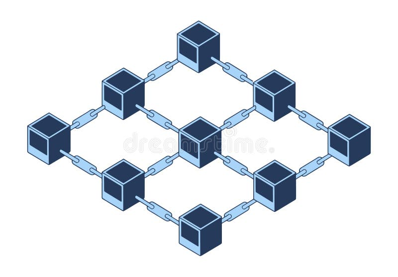 Digital illustration of interconnected blocks linked by chains representing blockchain technology.