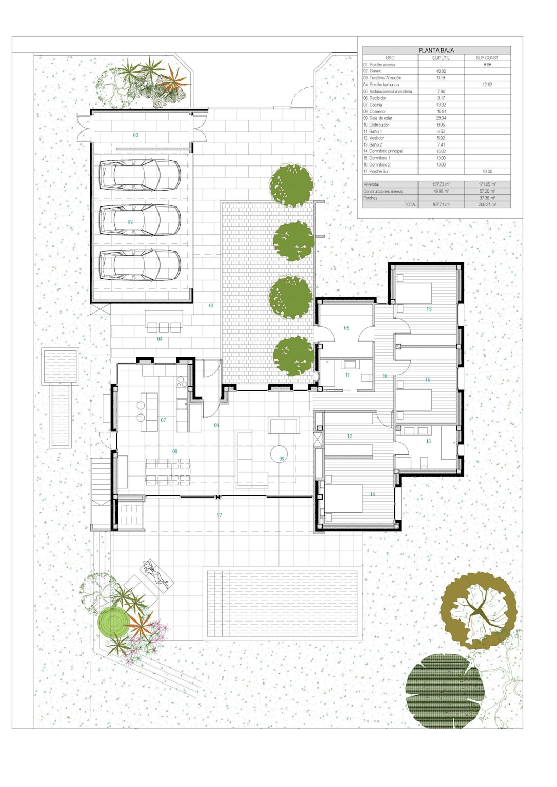 Architectural Floor Plan Of A Modern Single-Story Single-Family Home With Detailed Room Labels And Outdoor Landscaping