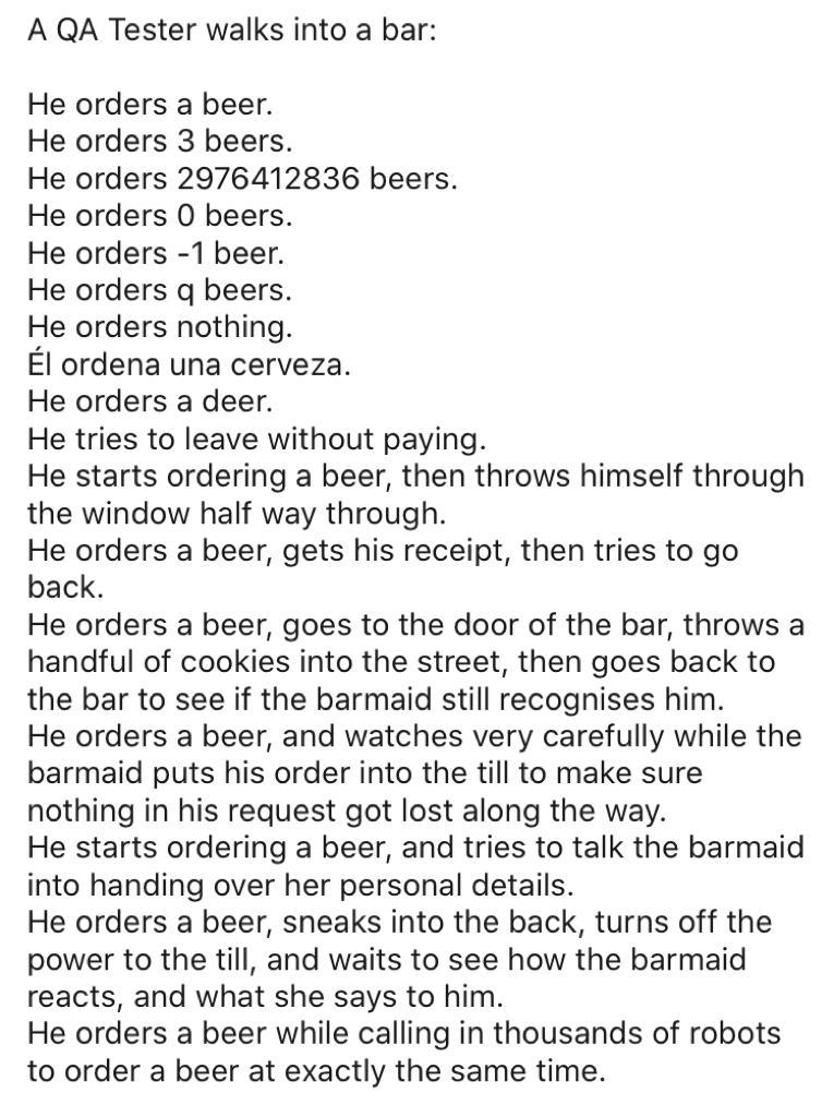Humorous description of a QA tester exploring edge cases through exaggerated bar orders, illustrating the mindset of thorough testing.