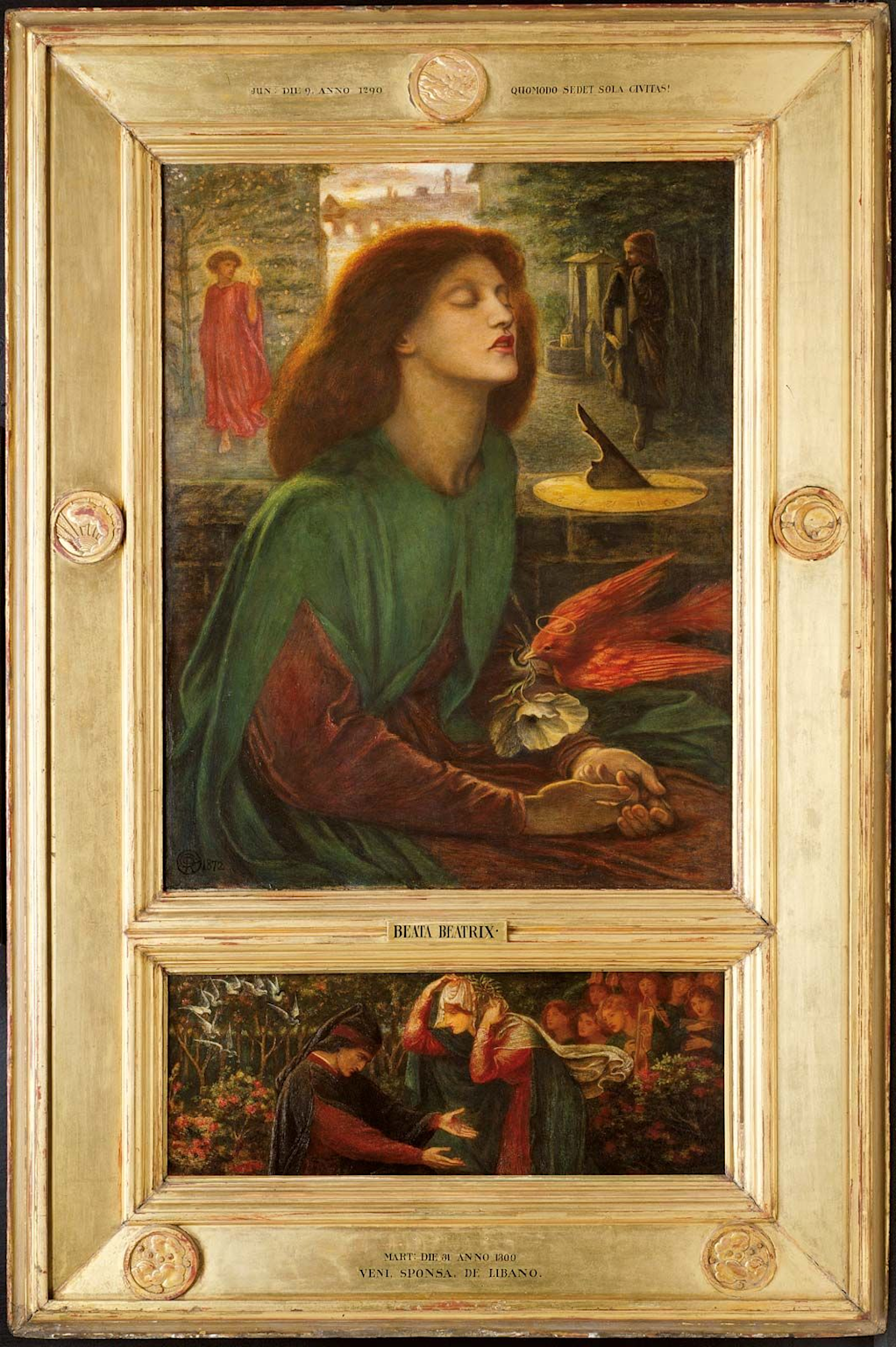 The painting "Beata Beatrix" by Dante Gabriel Rossetti reflects the Pre-Raphaelite fusion of poetry and visual art inspired by medieval themes and symbolism