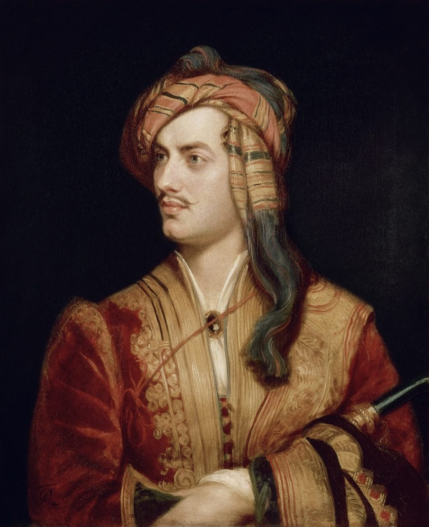 Portrait of Lord Byron, a distinguished 19th-century English Romantic poet, wearing ornate period attire and a turban