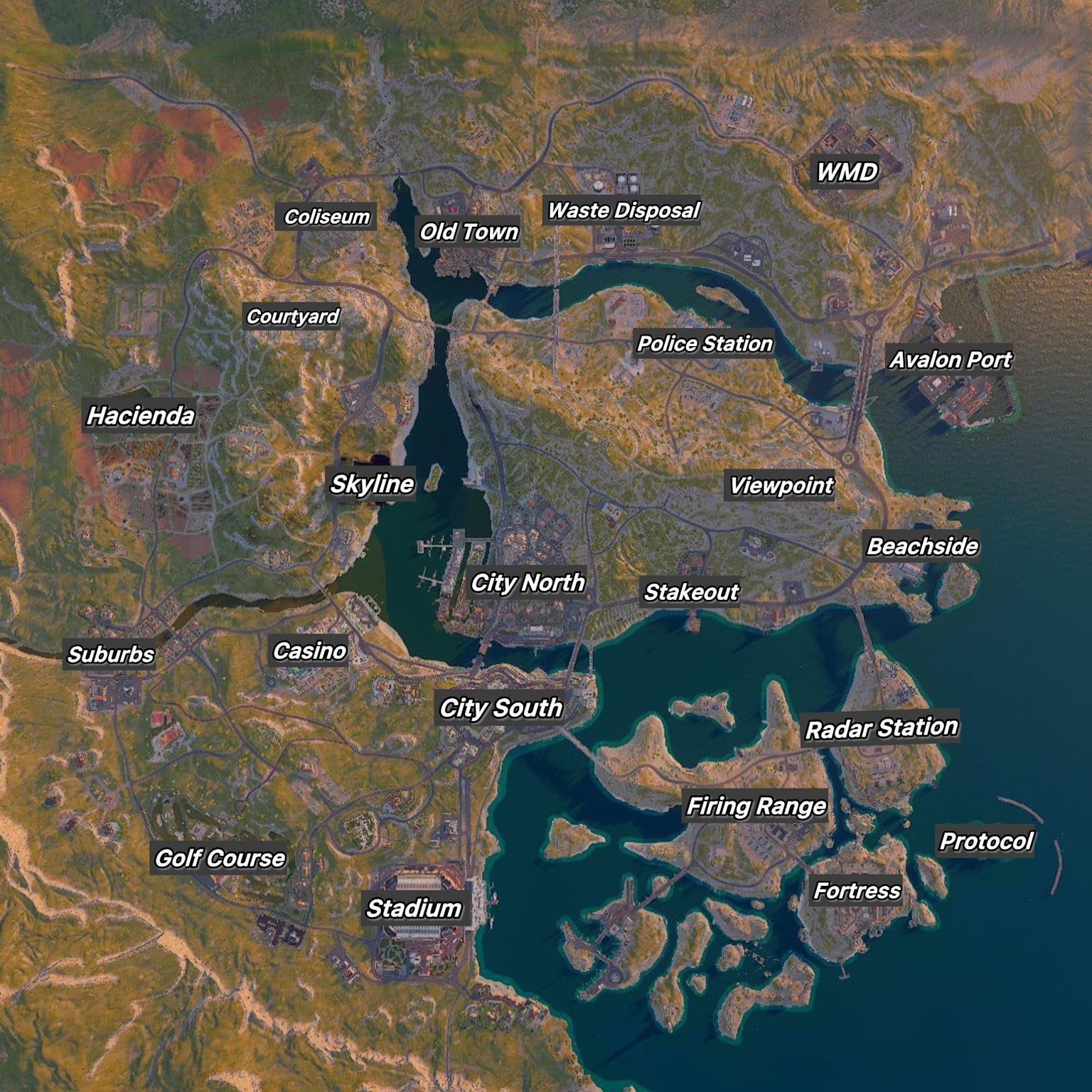 Avalon map overview showing major points of interest in the upcoming Black Ops Warzone map (credits: Call of Duty)