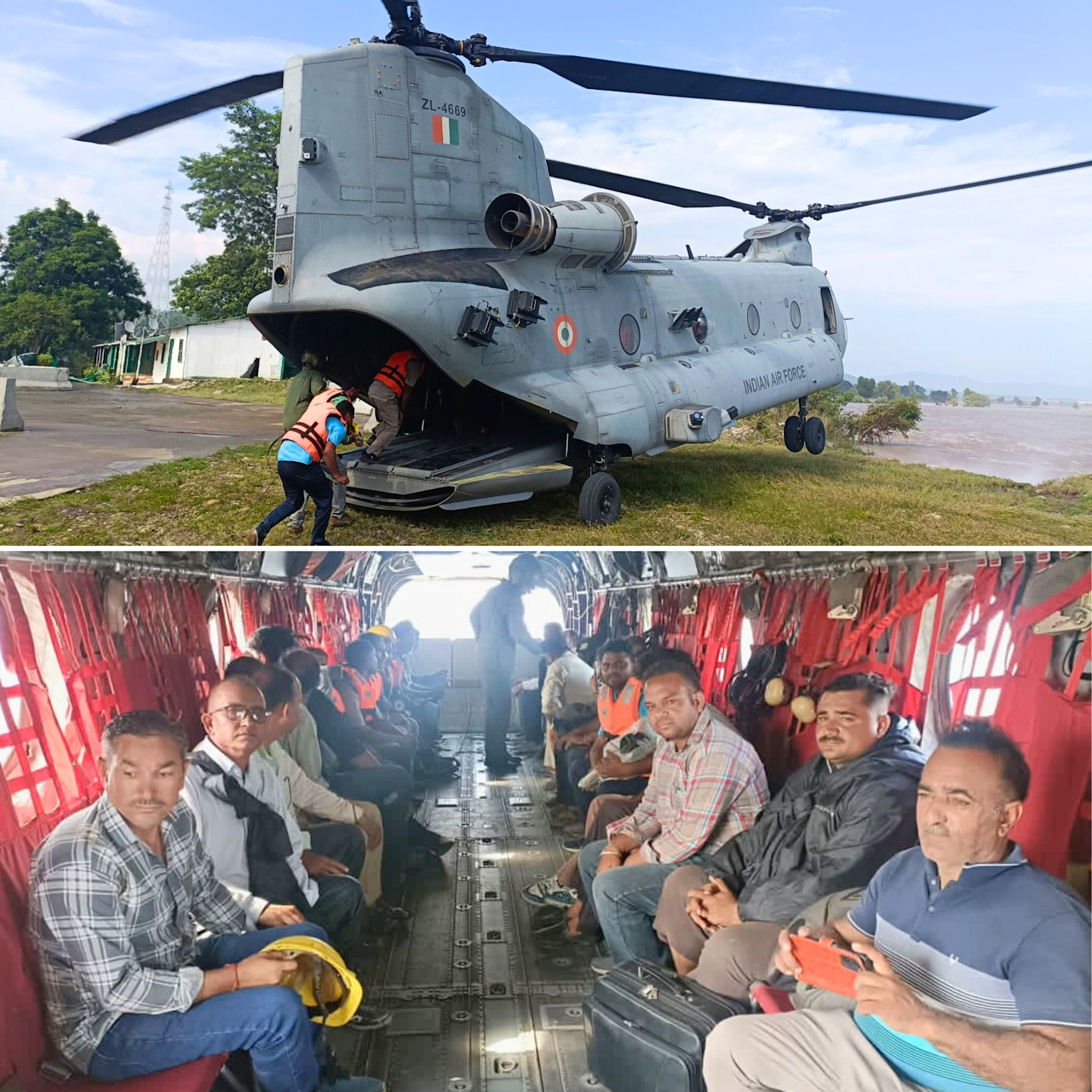 Indian Air Force Chinook helicopter engaged in flood relief operations, transporting evacuees and rescue personnel during the 2025 Punjab floods