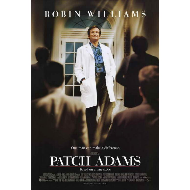 Movie poster for "Patch Adams" featuring Robin Williams as a doctor, highlighting a medical film based on a true story