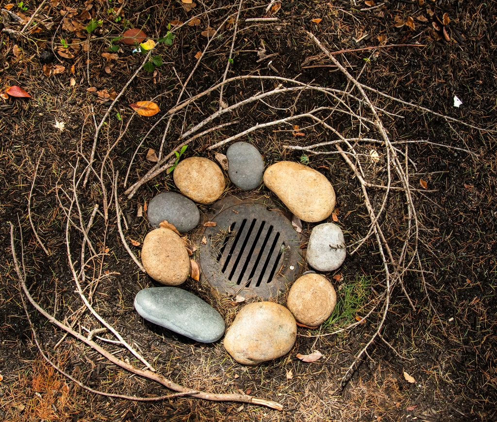 Nature-inspired art installation using stones and twigs arranged around a metal grate on the forest floor