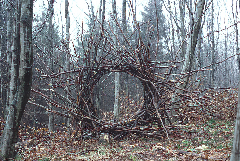 Environmental art installation by Andy Goldsworthy made from intertwined sticks in a forest setting