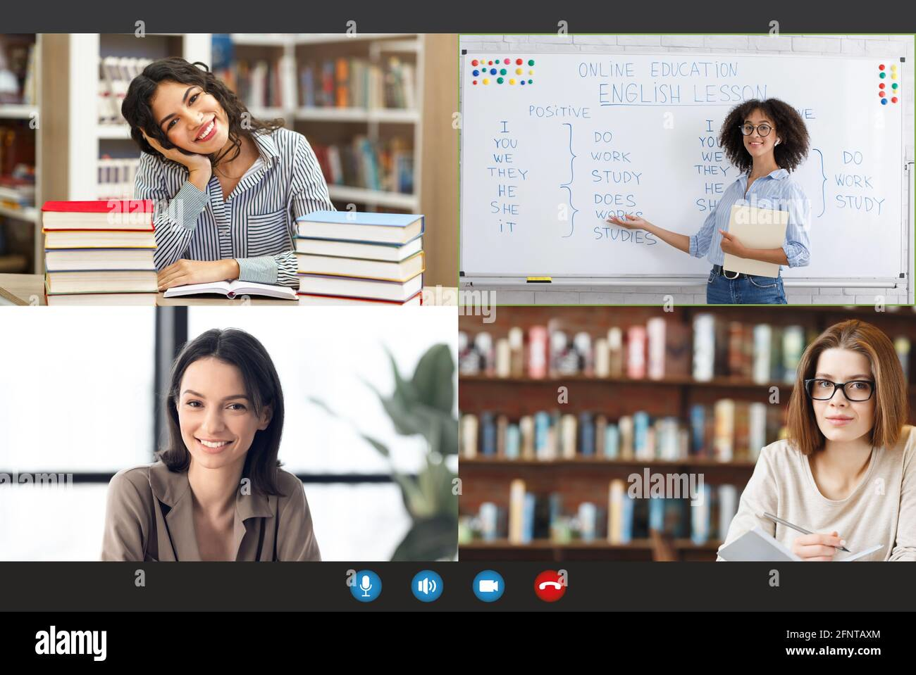 Online English conversation study scenes with self-study, teaching, and video call interaction.