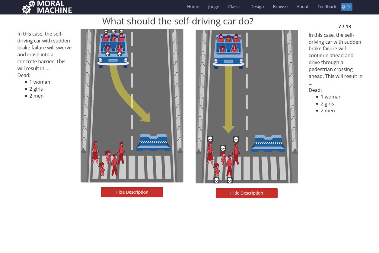 A moral dilemma from the Moral Machine project showing a self-driving car's choice to swerve into a barrier, killing passengers, or drive straight and hit pedestrians.