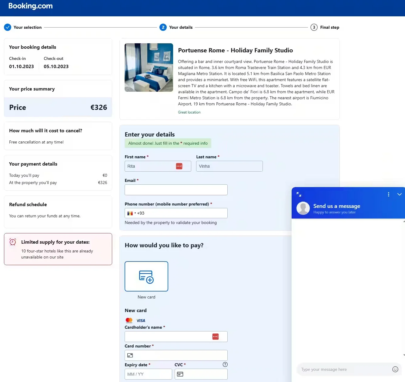 Example of a booking site interface requesting personal and payment details, highlighting potential phishing scams targeting tourists