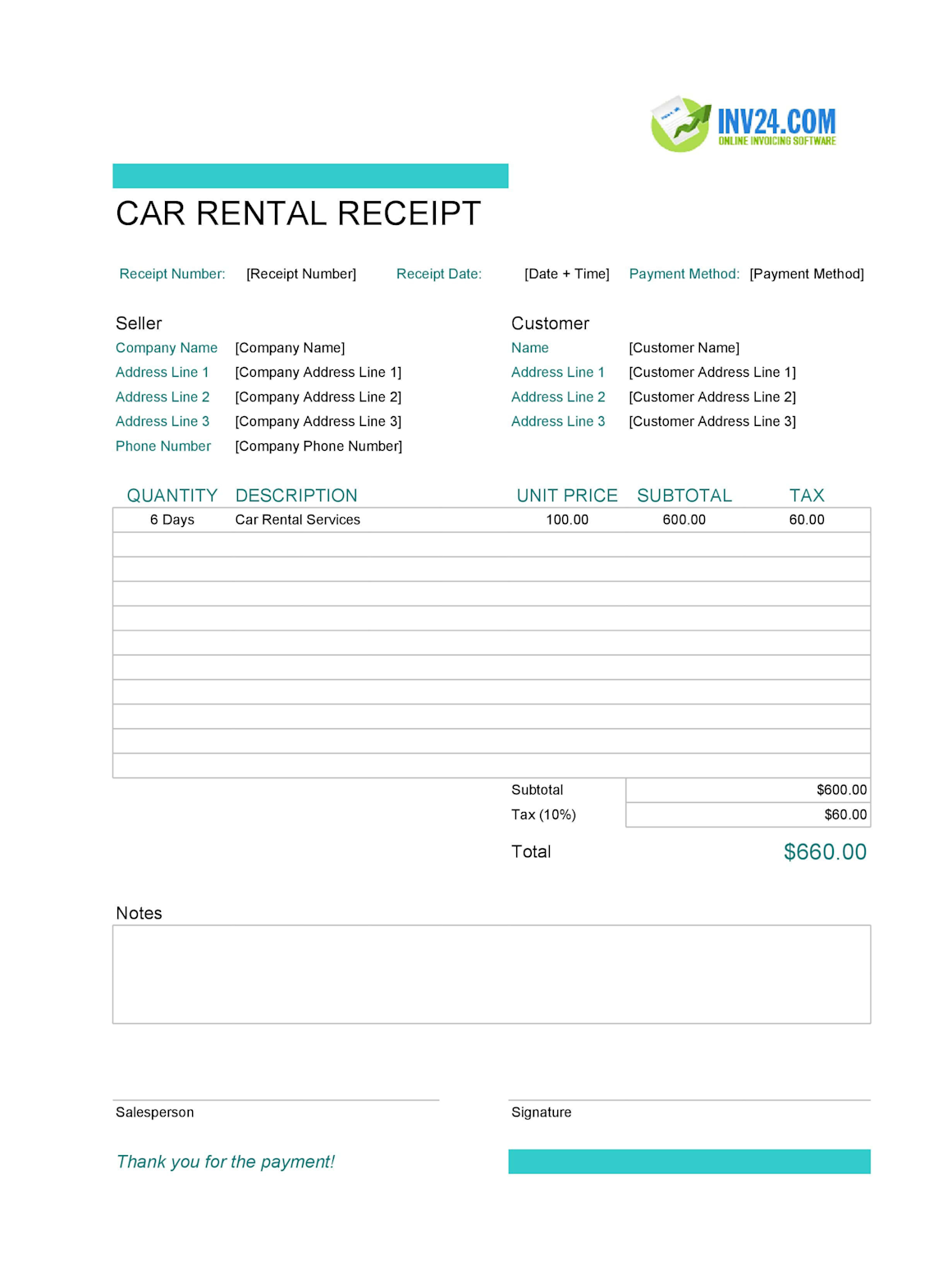 Example of a car rental receipt template showing rental period, charges, taxes, and total due