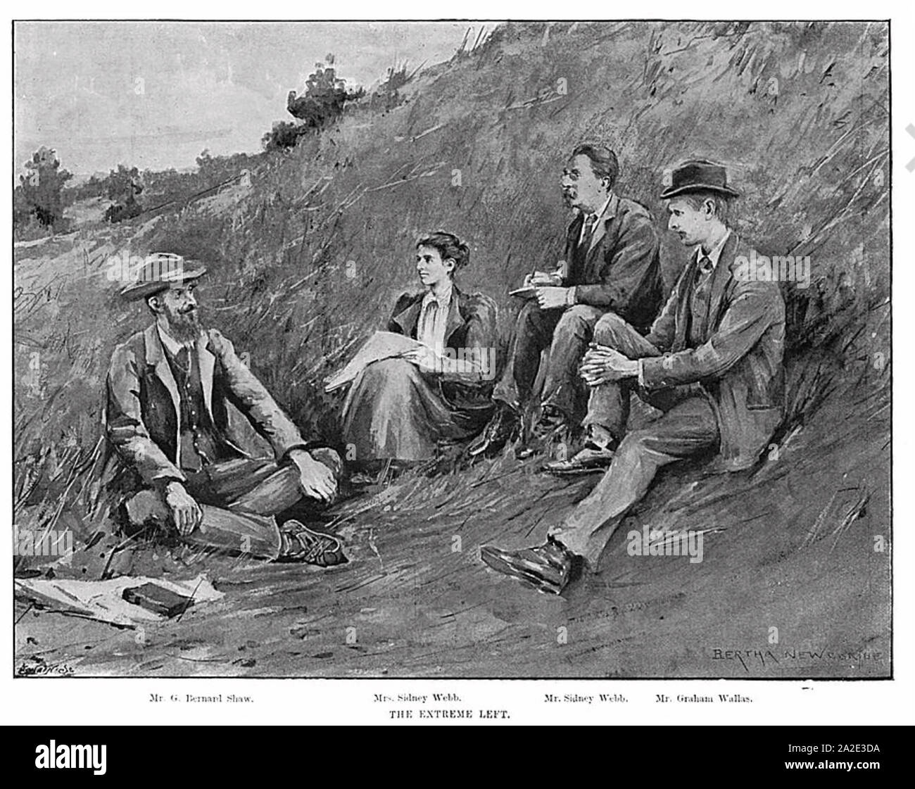 Early 20th-century depiction of Fabian Society founding members George Bernard Shaw, Sidney Webb, Beatrice Webb, and Graham Wallas gathered outdoors
