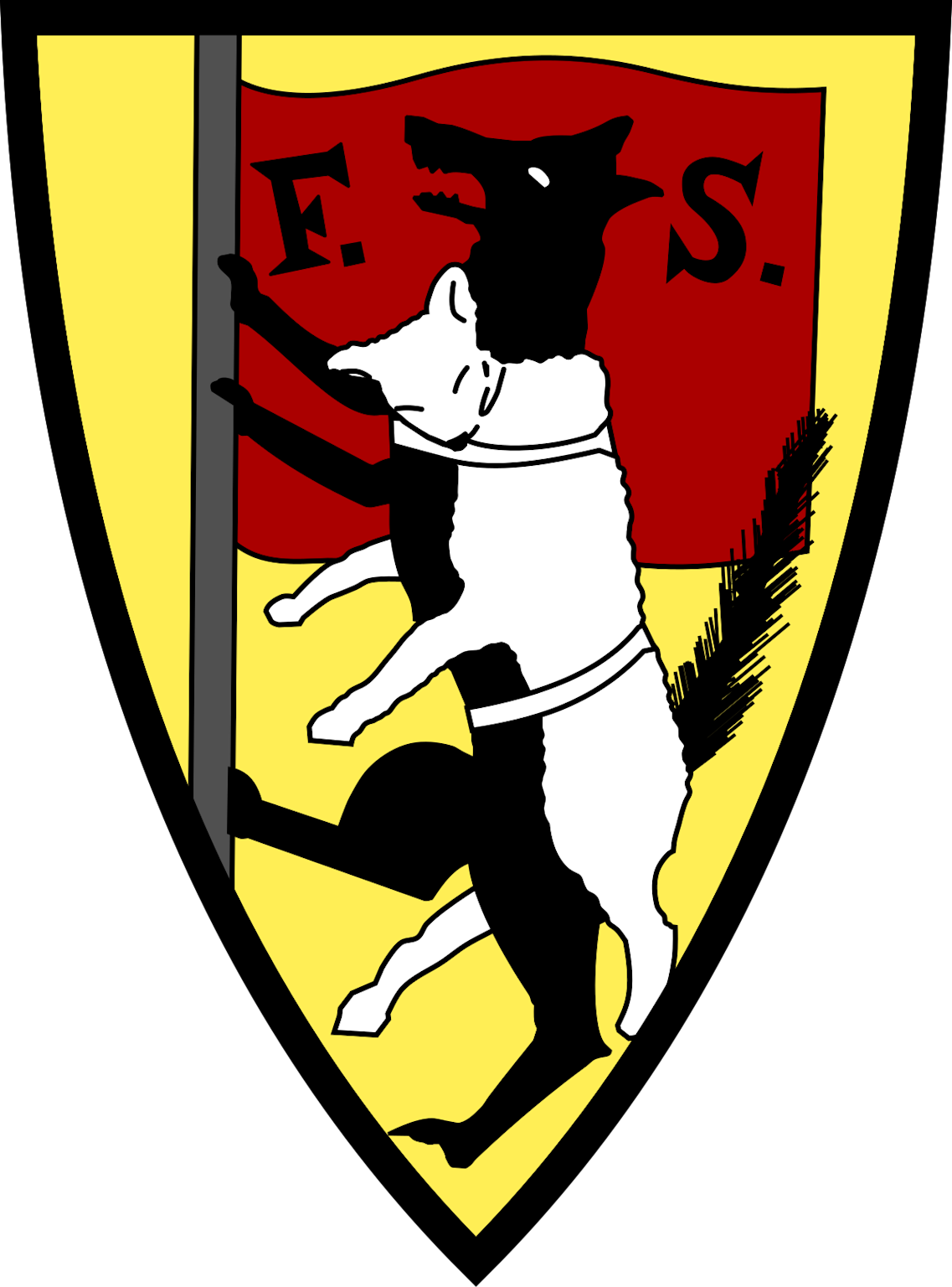 The coat of arms of the Fabian Society featuring a wolf in sheep's clothing holding a red flag with initials F.S