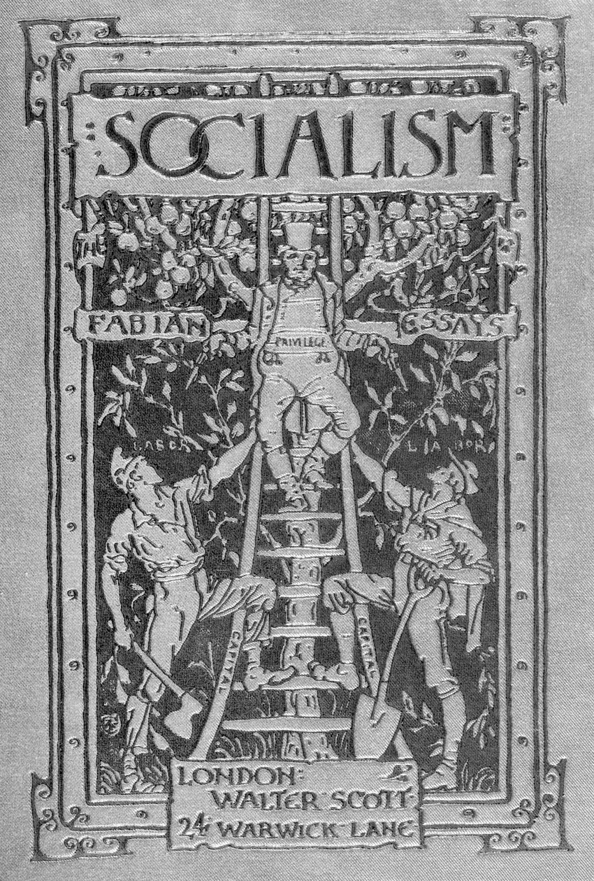 Cover of the 1889 Fabian Essays in Socialism, illustrating key socialist themes by Walter Crane