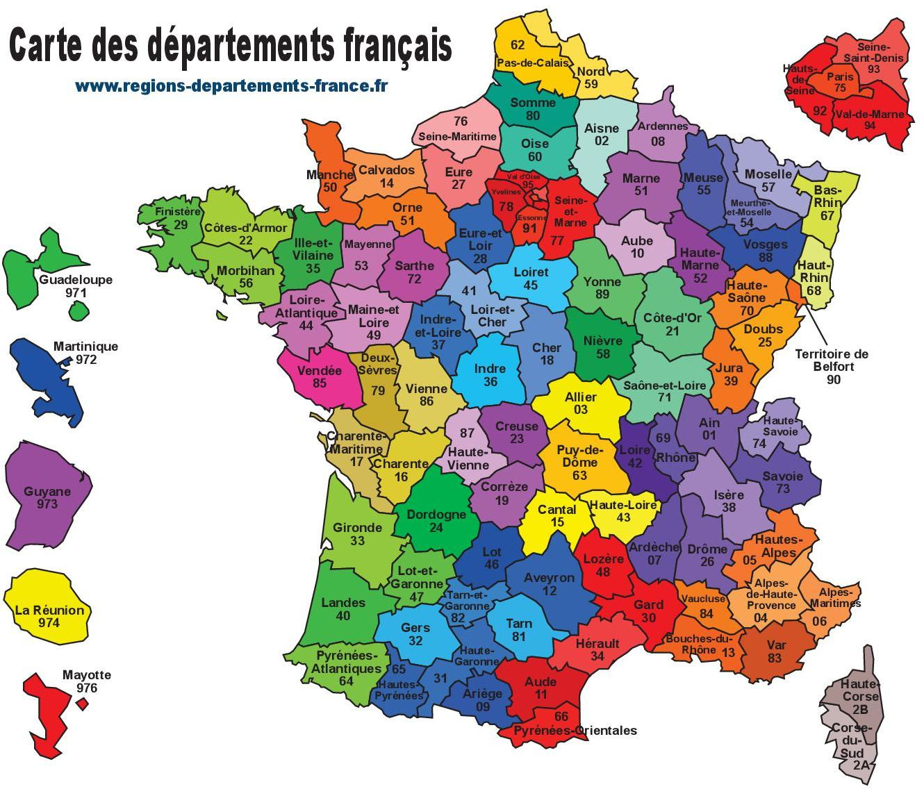 Map of French departments with their official numbers and names, color-coded by region, including overseas departments