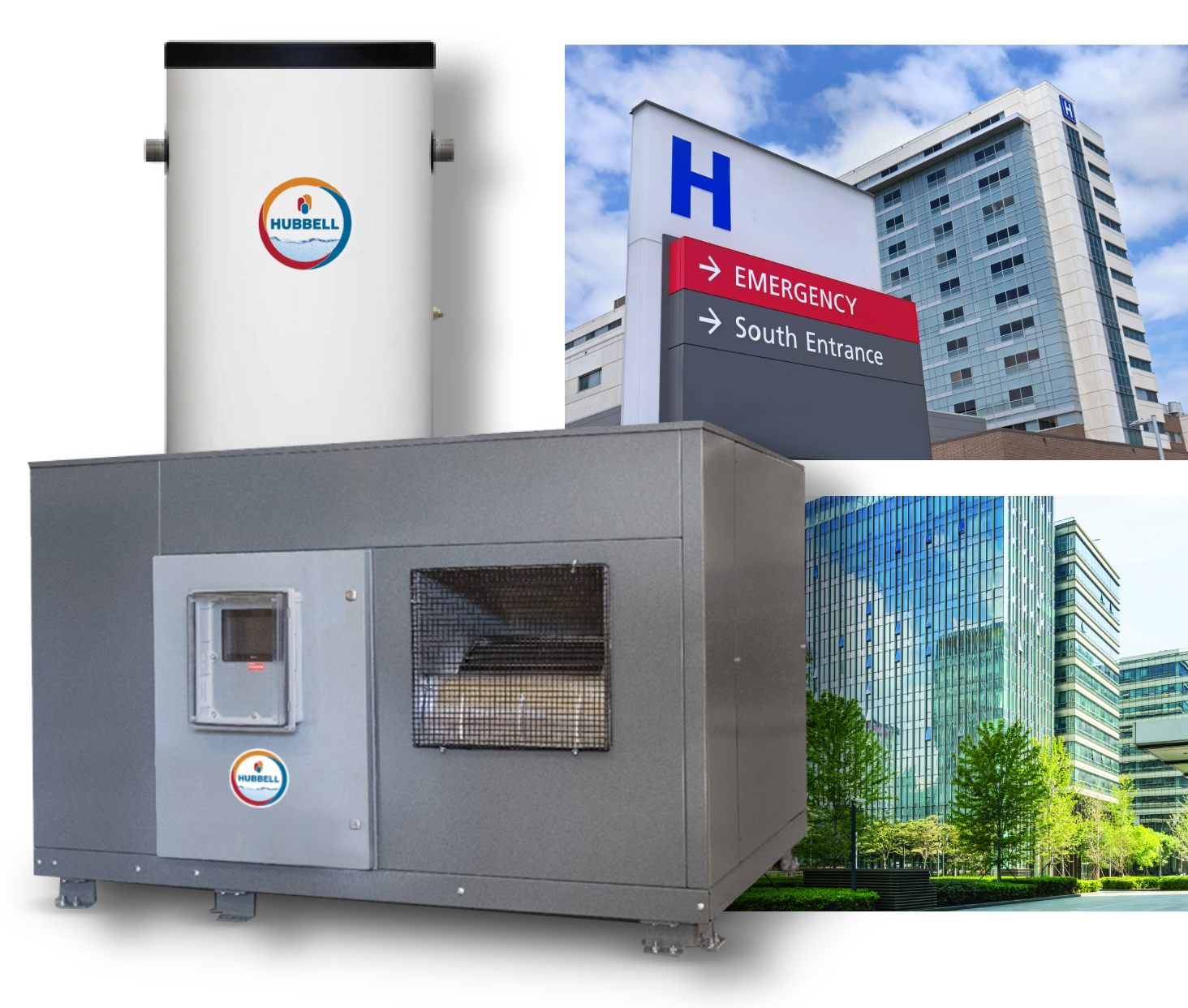 Hubbell's integrated heat pump water heater system suitable for commercial buildings like hospitals and offices