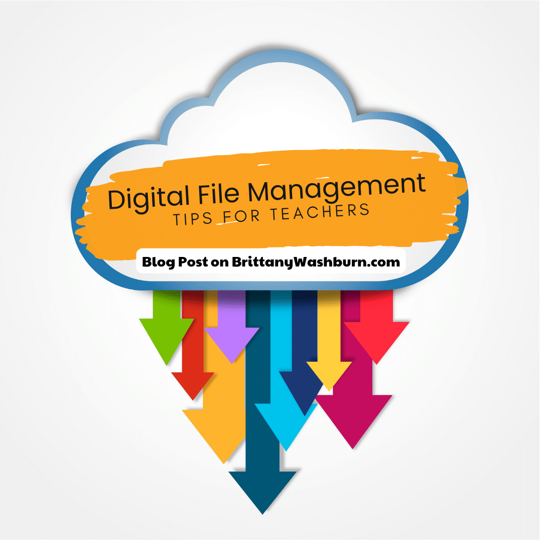 A cloud graphic with colorful arrows highlighting digital file management tips for teachers from a blog post on BrittanyWashburn.com