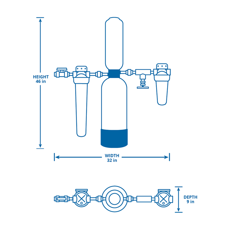Diagram of a salt-free water conditioner system showing component layout and dimensions in inches