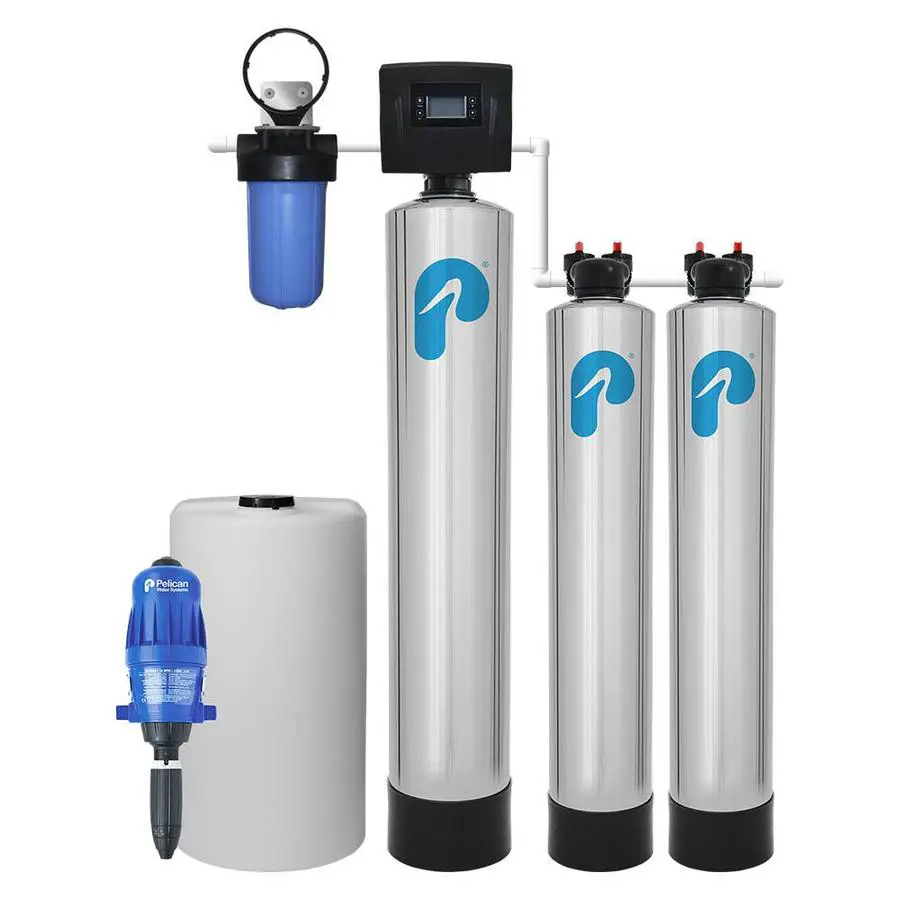 Pelican PSM WF10 whole house water filter system components including main filtration tanks, control head, sediment filter, and brine tank