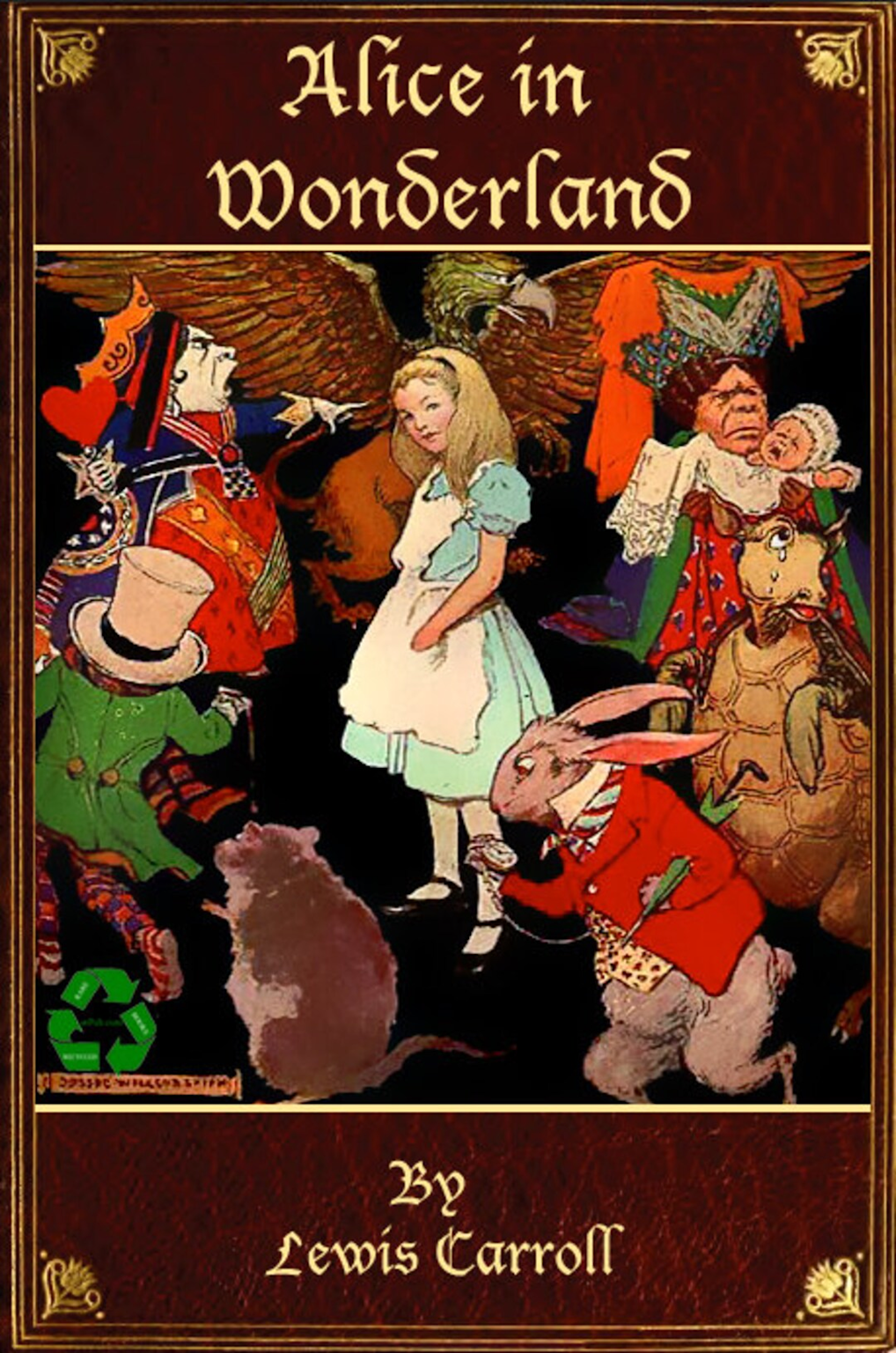 Illustration of Alice and key characters from Lewis Carroll's "Alice in Wonderland," reflecting John Tenniel's classic style