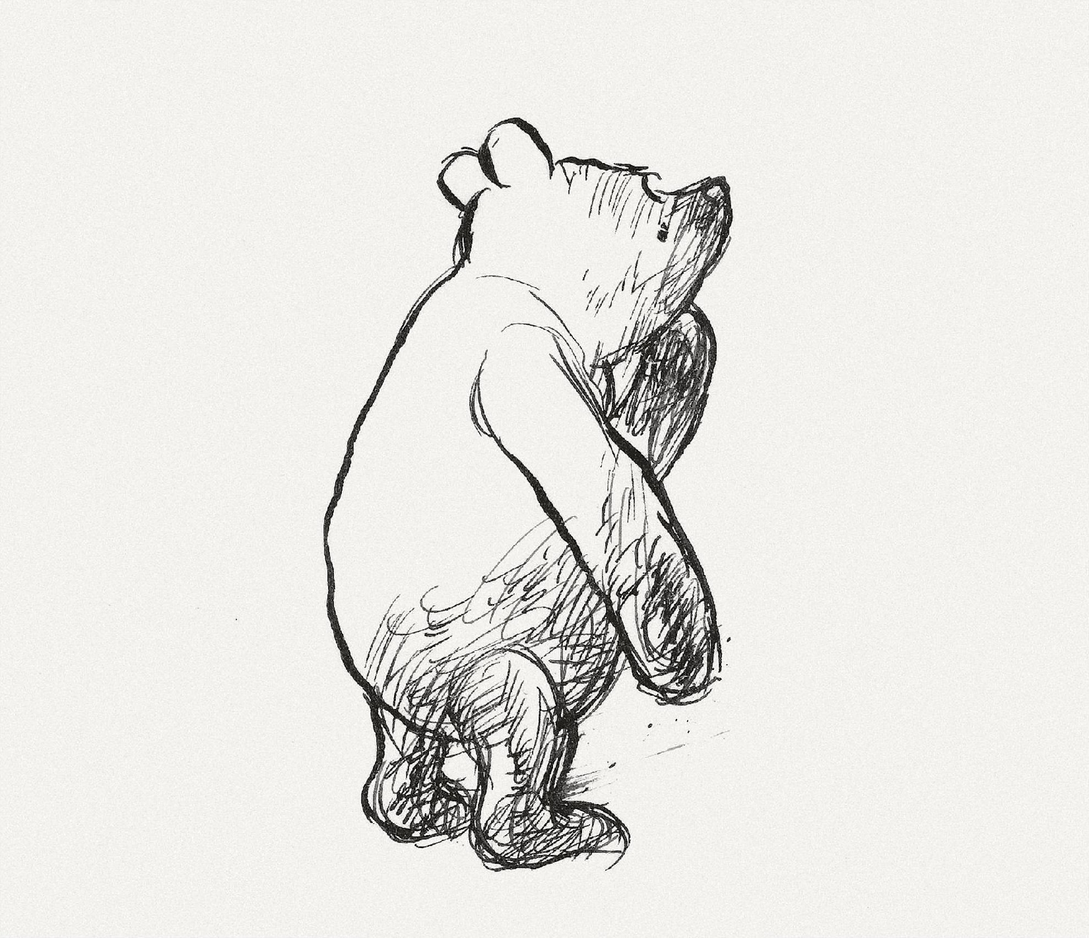 Original black and white sketch of Winnie the Pooh by E.H. Shepard, capturing the classic bear's thoughtful expression