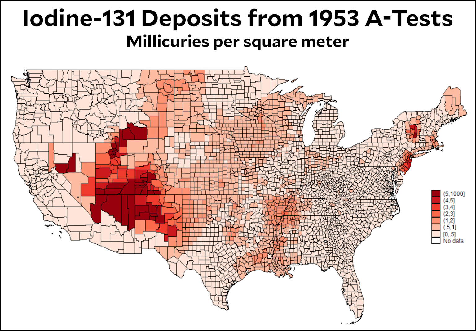 Map showing Iodine-131 deposits from 1953 atomic tests across the US, highlighting radioactive fallout distribution as an Anthropocene marker