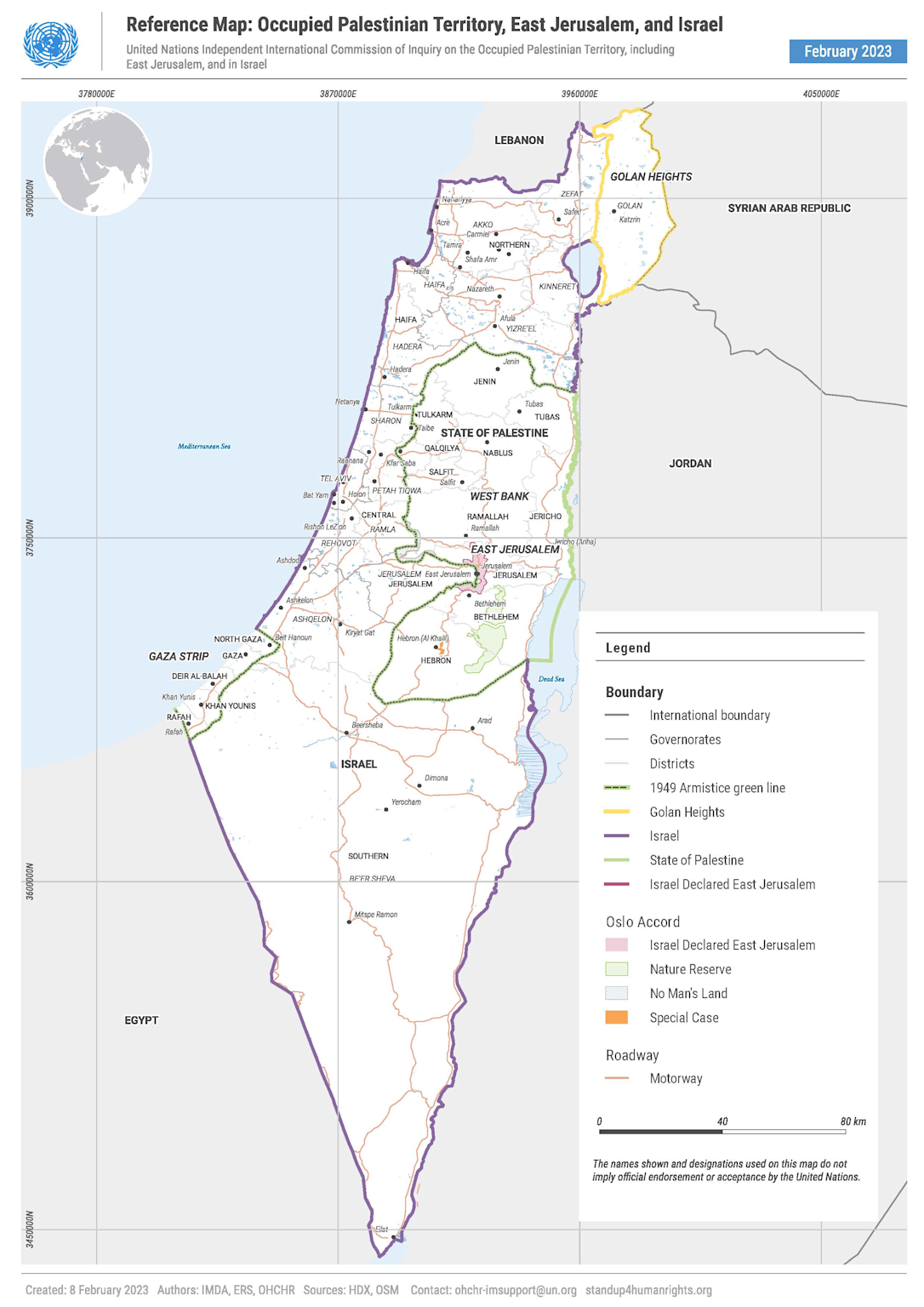 United Nations reference map showing Israeli and Palestinian territories, East Jerusalem, and disputed boundaries as of February 2023
