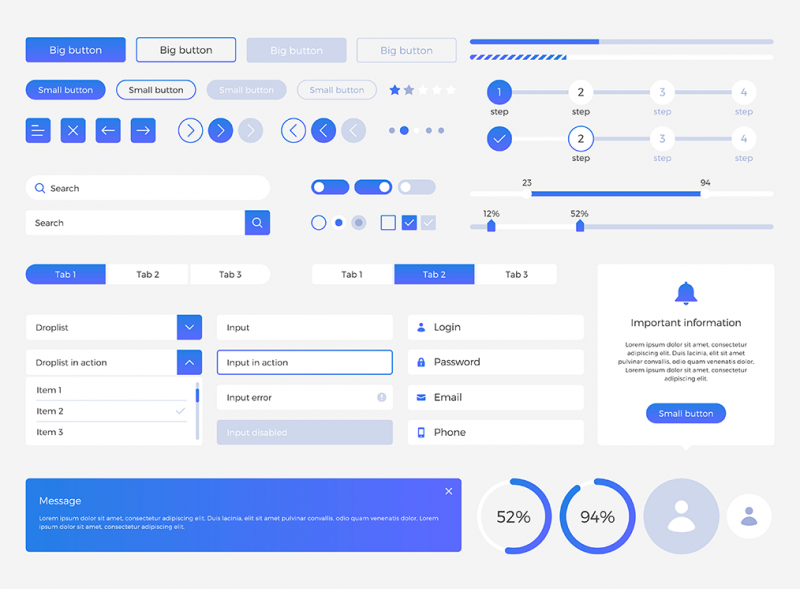 A comprehensive collection of interface components showcasing buttons, forms, toggles, tabs, progress indicators, and messages in a consistent design system style.