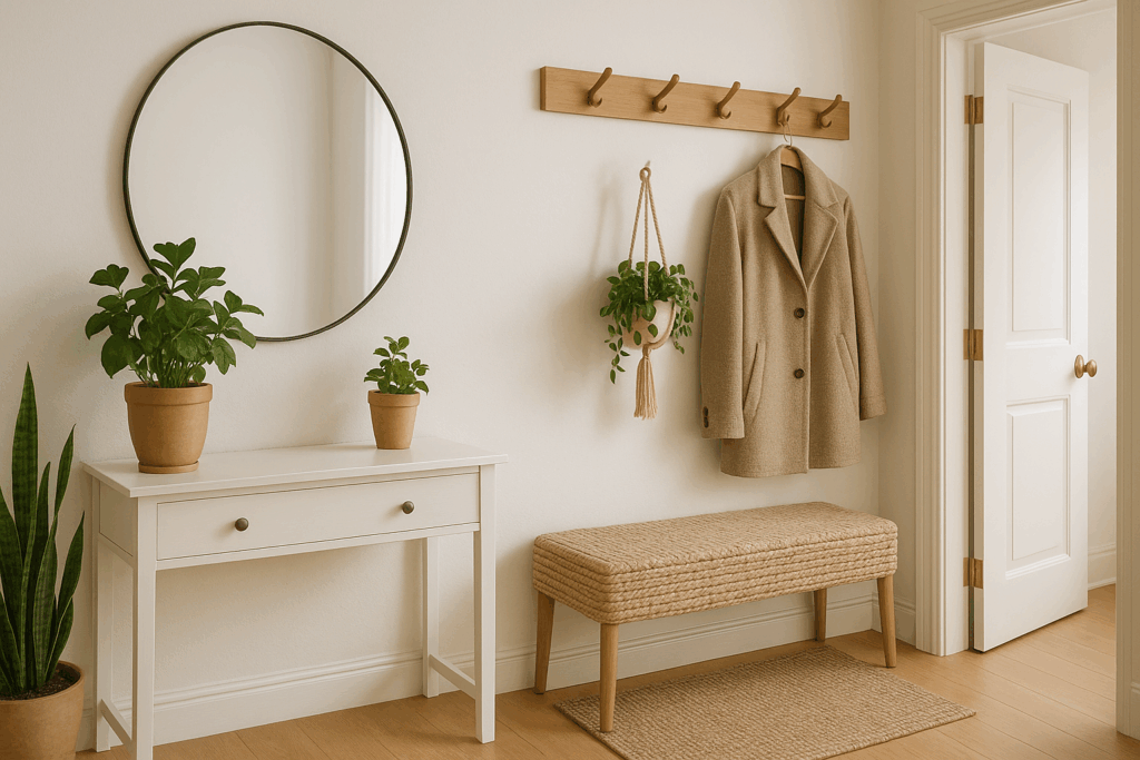 Organized and welcoming entryway with plants, a coat rack, a bench, and a round mirror for a good first impression