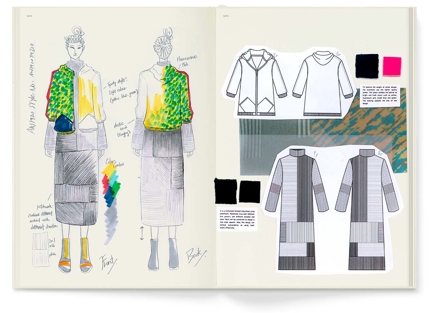 Hand-drawn womenswear fashion sketches combined with technical flats and fabric swatches illustrate the creative process and communication in fashion design