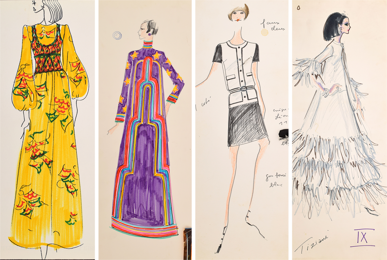 Hand-drawn fashion sketches showcasing diverse designs and artistic spontaneity in Karl Lagerfeld's illustrations