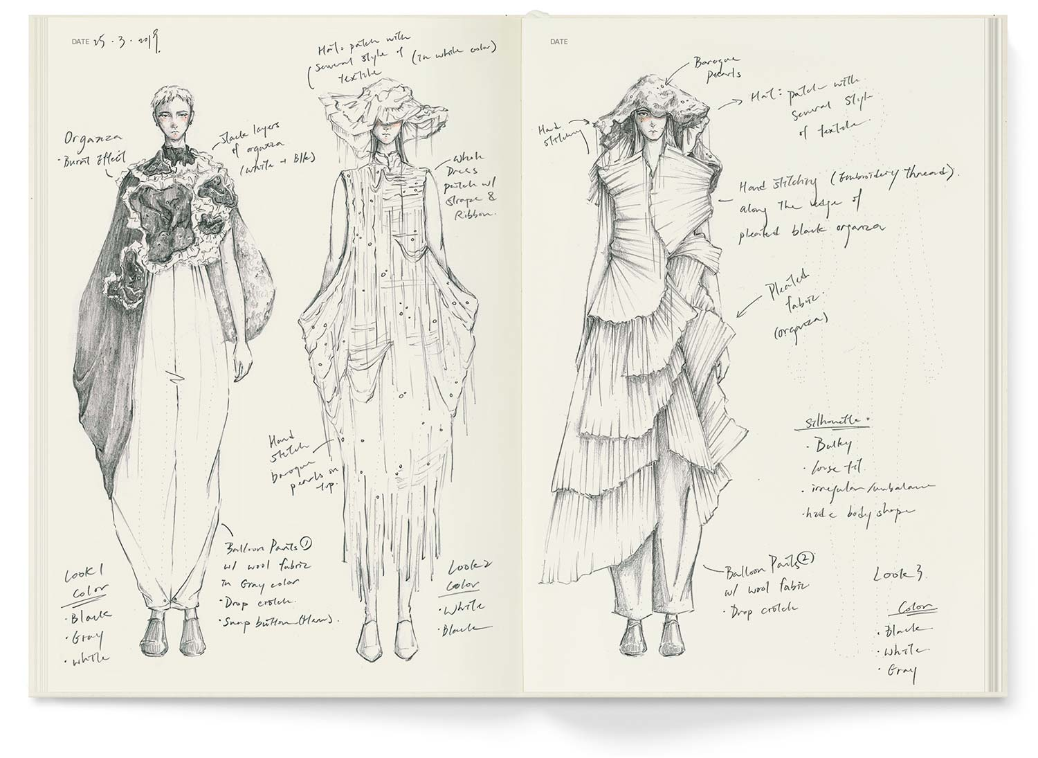 Hand-drawn womenswear fashion sketches with detailed annotations highlighting fabrics, construction, and silhouette concepts