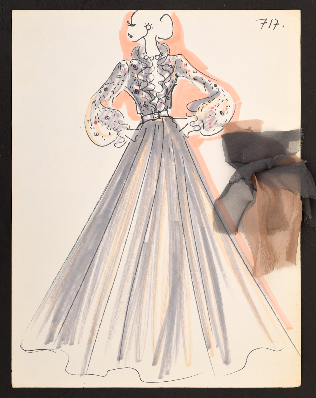Hand-drawn fashion sketch with fabric swatches showing creative design and tactile planning