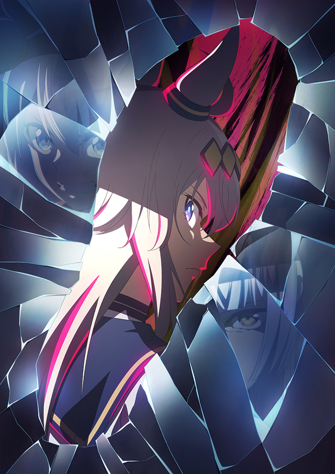 Character from the 2025 autumn anime 'Uma Musume Cinderella Gray' showcased through a dramatic shattered glass effect.