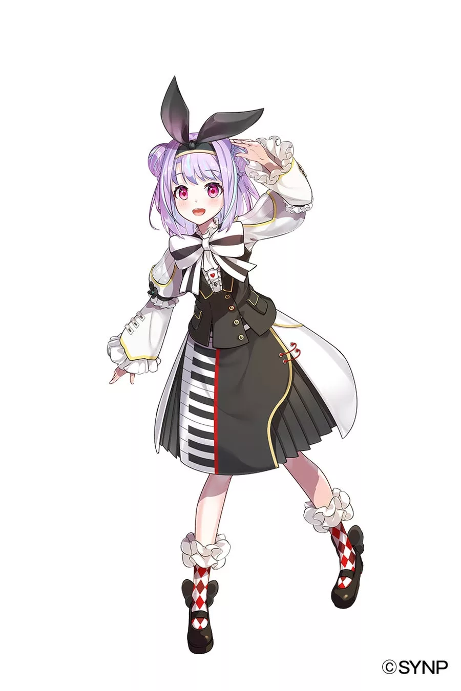 Character from the SYNTHMANIACS VTuber project featuring a piano-themed outfit and musical design elements