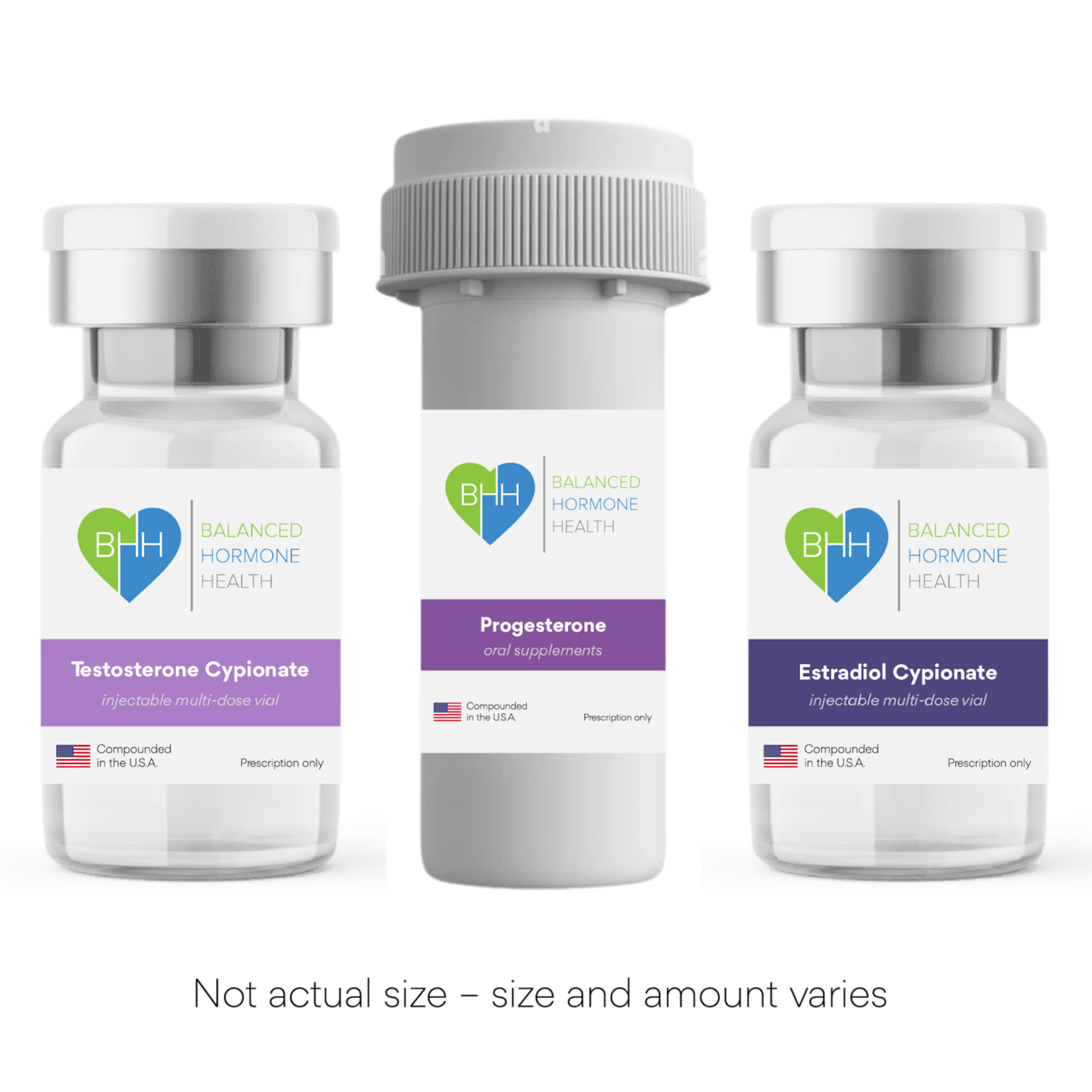 Pharmaceutical vials of testosterone, progesterone, and estradiol labeled by Balanced Hormone Health for hormone therapy
