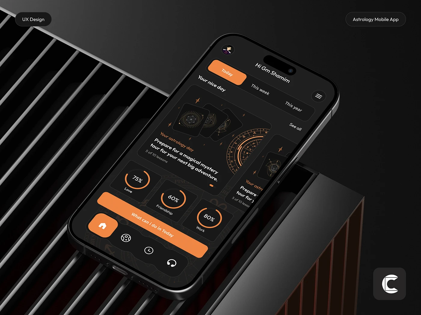 Astrology mobile app featuring a modern dark-themed UI with daily astrology insights and compatibility scores