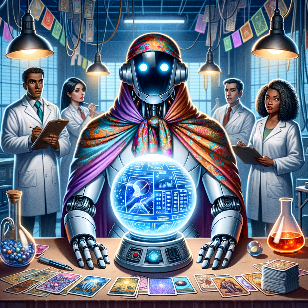 A robot astrologer uses AI and holographic technology to make astrology predictions in a scientific setting