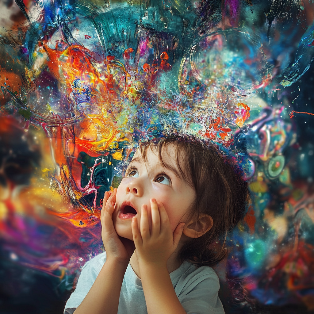 A child covers their ears amidst a vivid, abstract background symbolizing sensory overload and hypersensitivity related to autism.