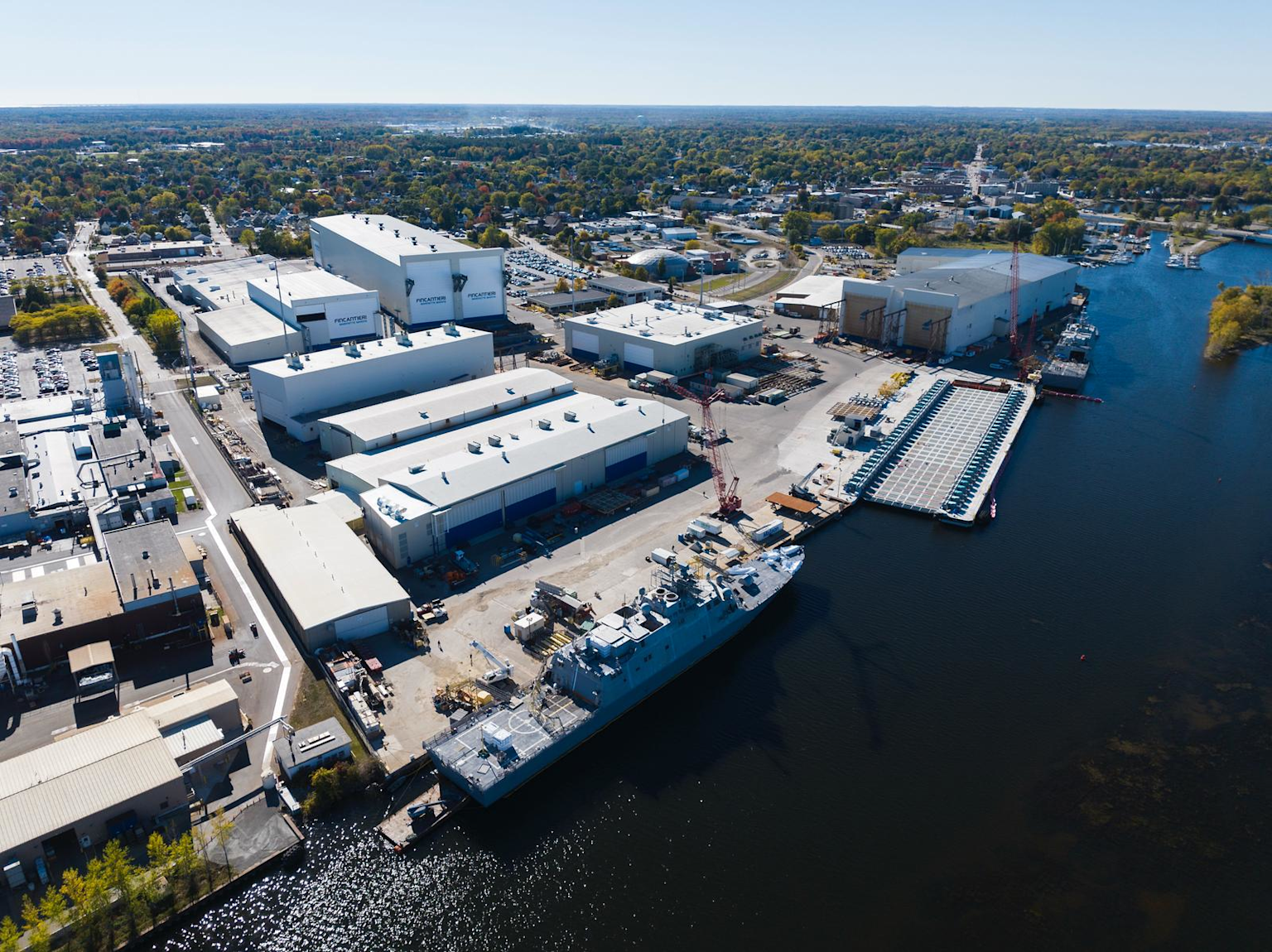 Aerial view of Fincantieri shipyard illustrating industrial capacity and shipbuilding activities